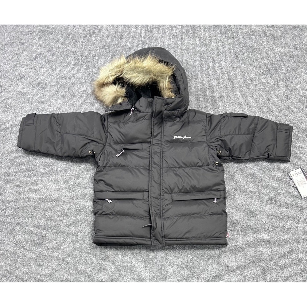 Phat Farm Kids Black Puffer Jacket Hooded Fur Trim Down Feather Quilted Size 4T